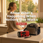 SignalX emergency radio on a suburban kitchen counter beside a family go-bag, warm natural lighting