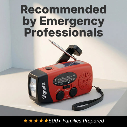 SignalX hand crank solar emergency radio three-quarter angle studio shot on white background