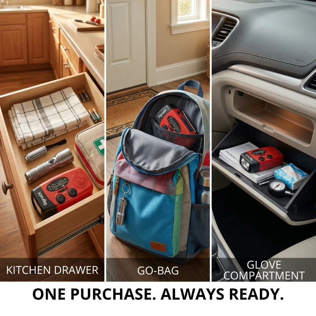 SignalX emergency radio stored in a kitchen drawer alongside a torch and first aid kit

SignalX emergency radio packed inside a family go-bag near a front door

SignalX emergency radio stored in a car glove compartment