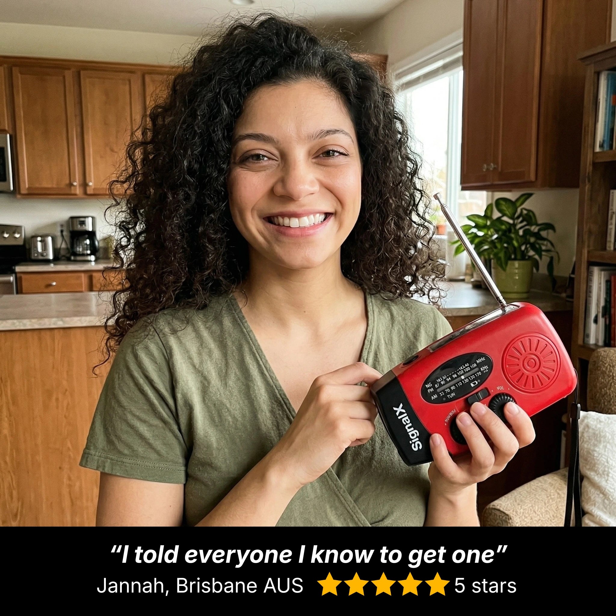 Customer holding SignalX emergency radio in a domestic setting with five star review overlay